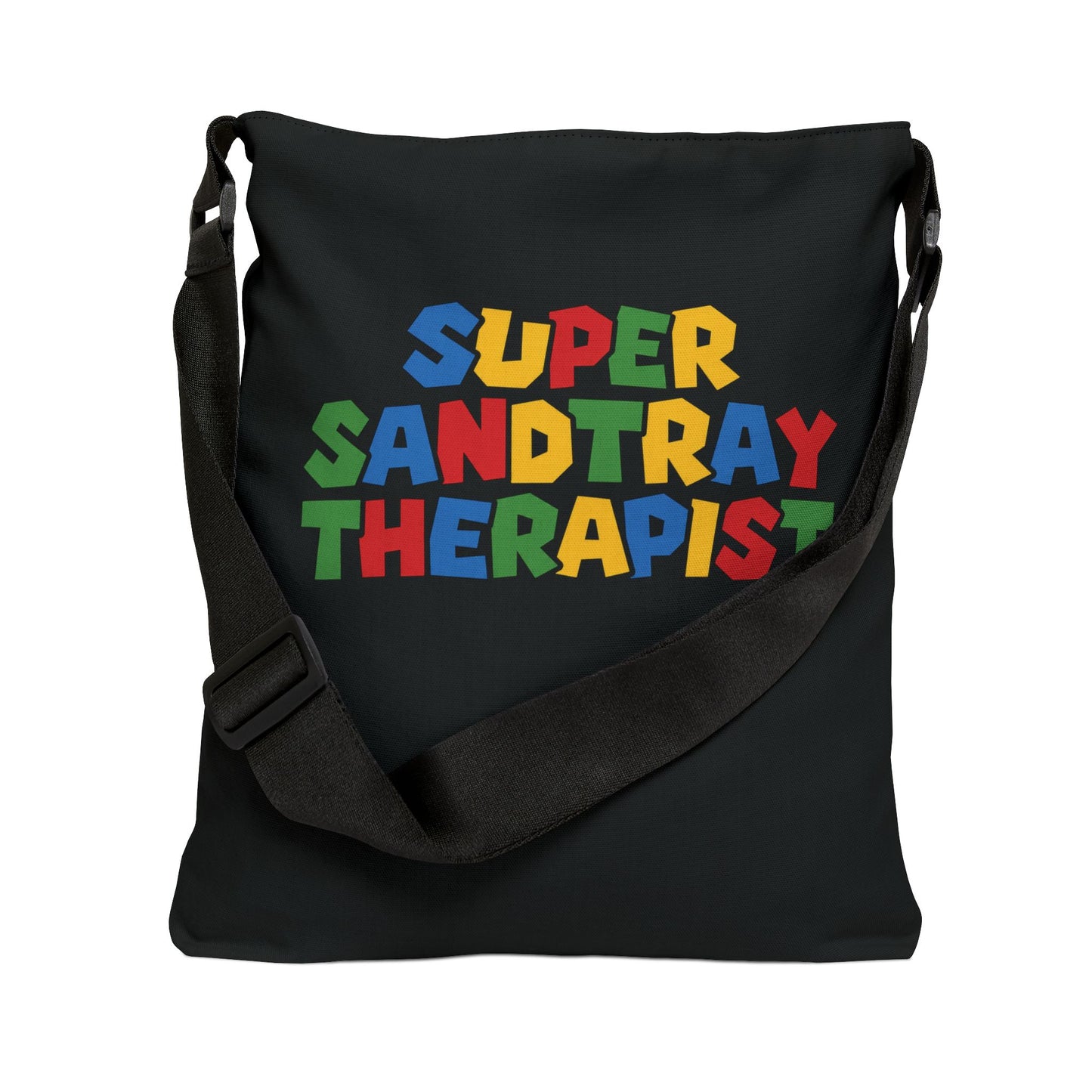 Adjustable Tote Bag — “Super Sandtray Therapist” Black Therapy Tote