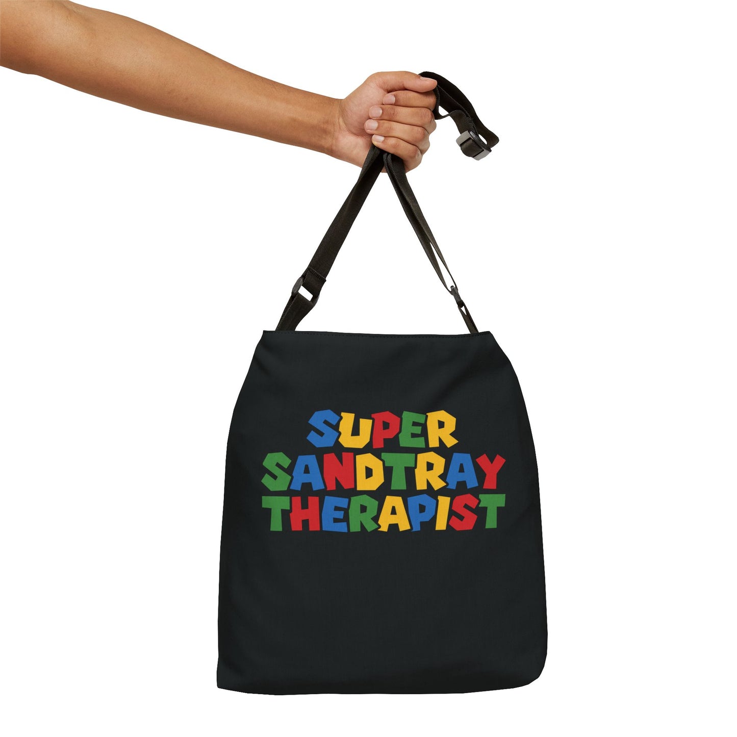 Adjustable Tote Bag — “Super Sandtray Therapist” Black Therapy Tote